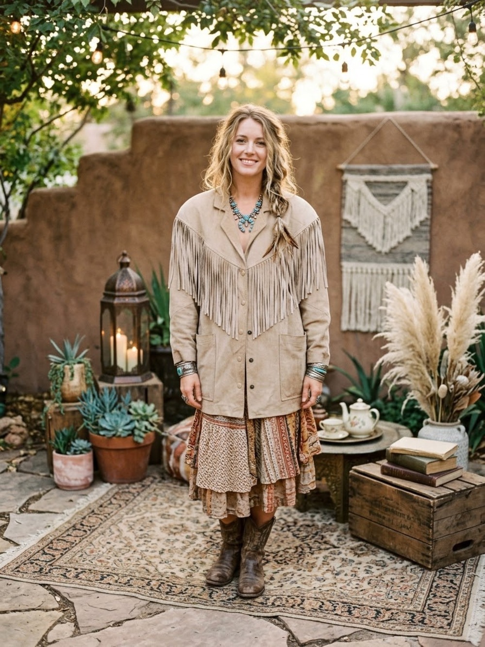 Vintage 80s Suede Fringe Western Jacket Medium Tan Beige Boho Cowgirl Coat